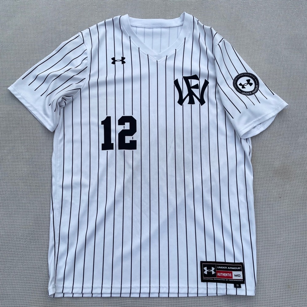 Under Armour Wow Factor Nation Baseball Jersey Mens Medium White Pinstripe #12